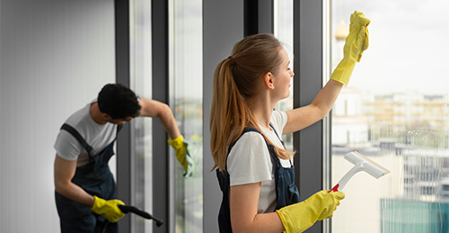 medium shot people cleaning building