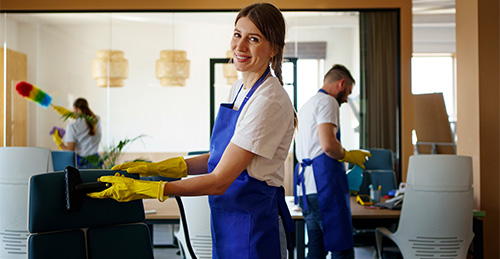 professional cleaning service people working together office